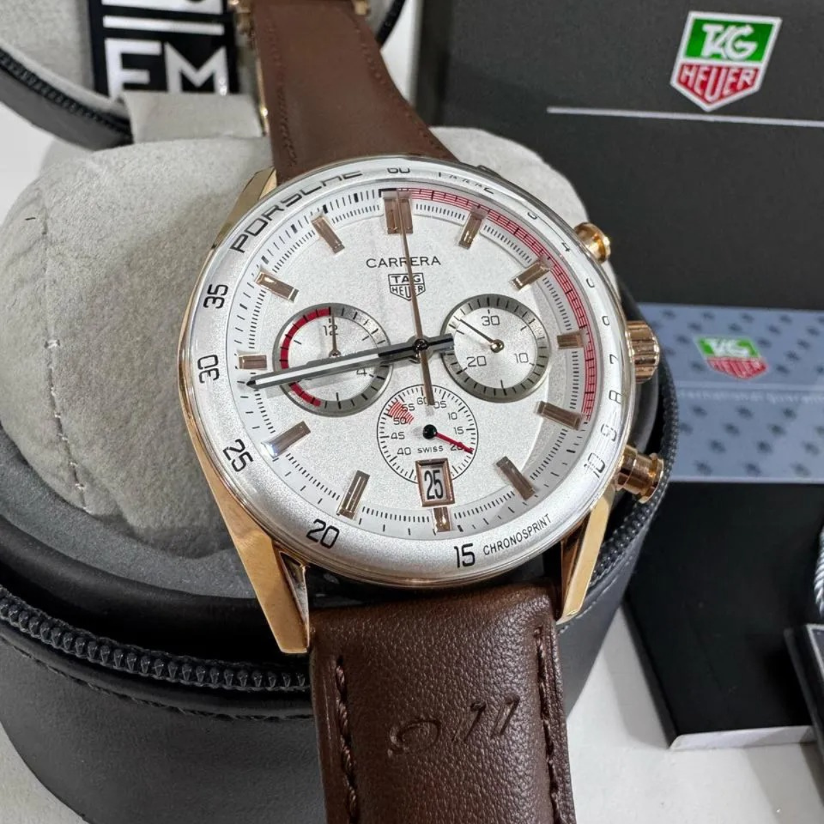 TH Carrera Chronosprint – Silver/Red – Brown Leather Strap