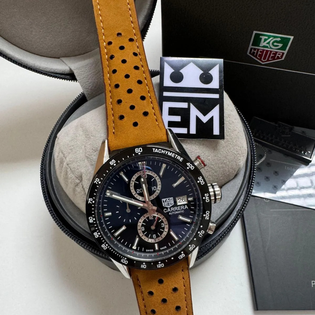 TH Carrera Chronograph Black – Automatic | Suede Leather Strap