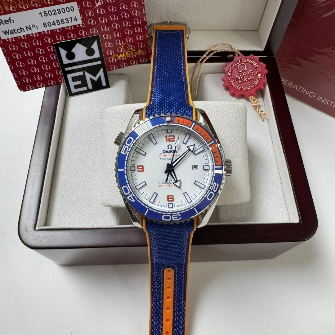 Seamaster Planet Ocean “Co-Axial Chronometer” – Blue/Orange | White Dial