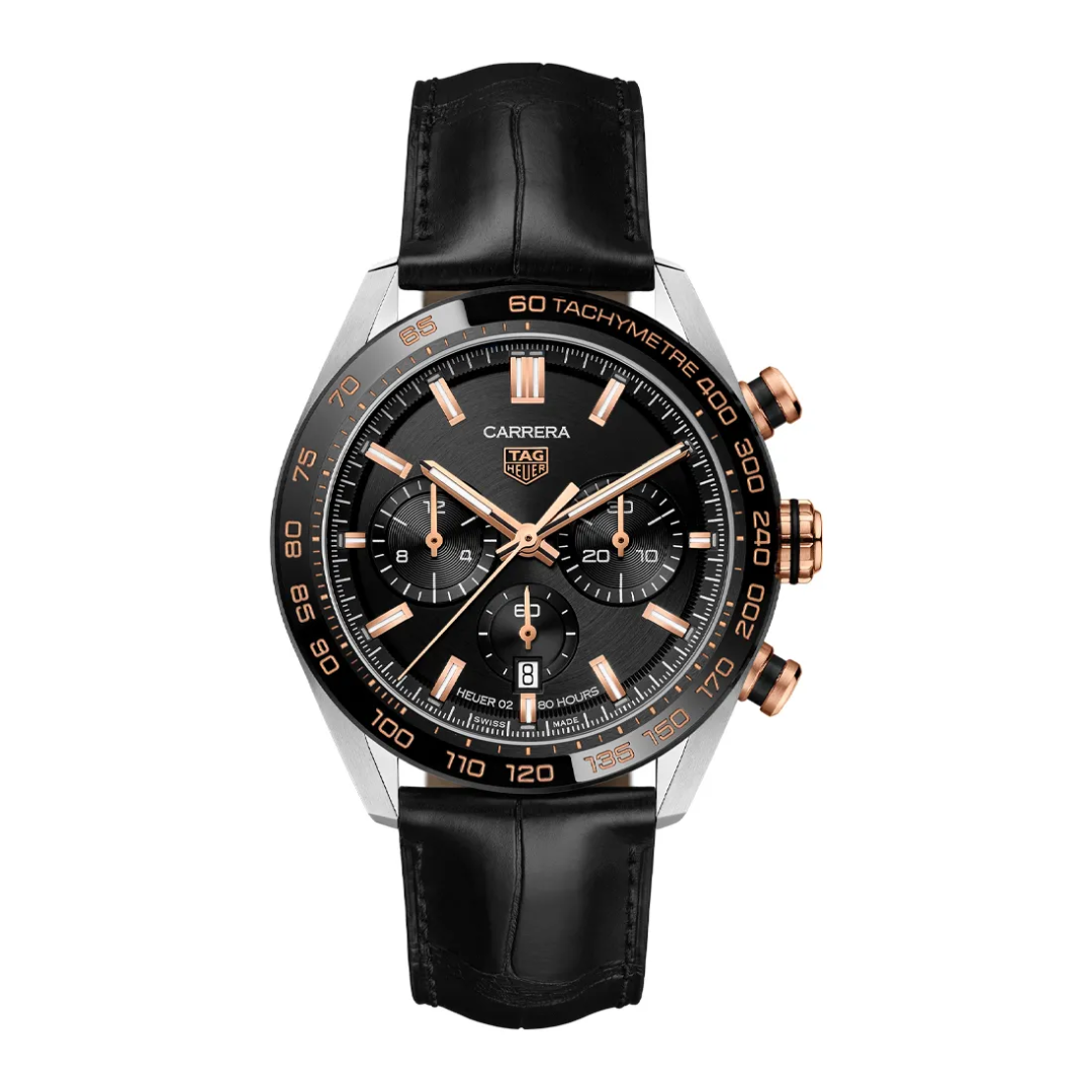 TH Carrera Chronograph – Black/Rose Gold Leather Strap