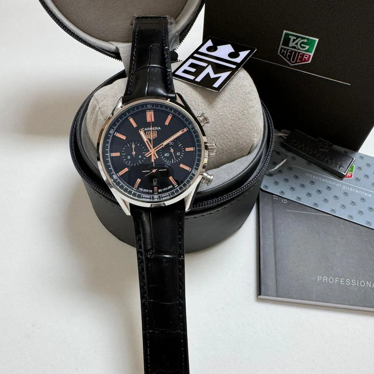 TH Carrera Chronograph – Black/Rose Gold Leather Strap