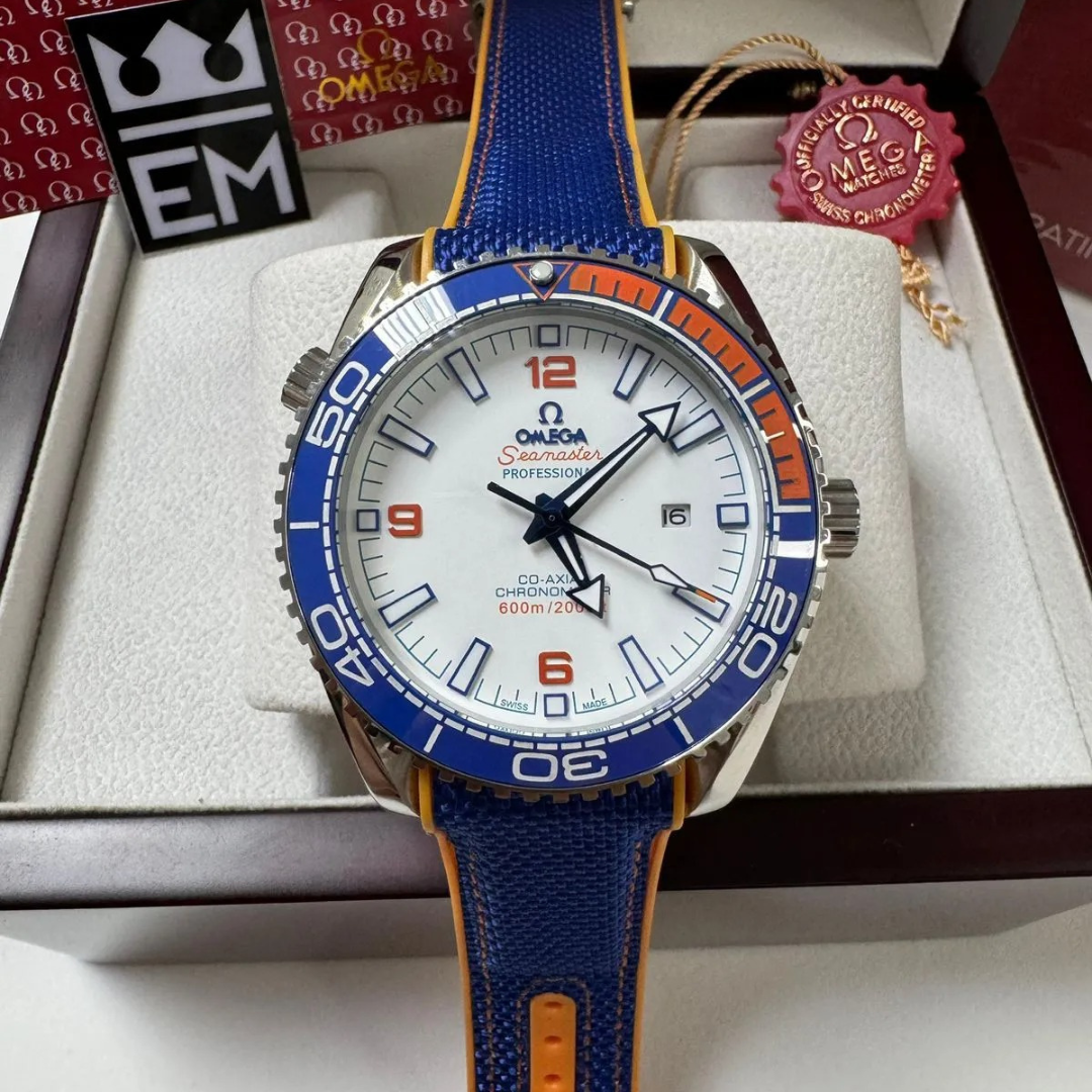 Seamaster Planet Ocean “Co-Axial Chronometer” – Blue/Orange | White Dial