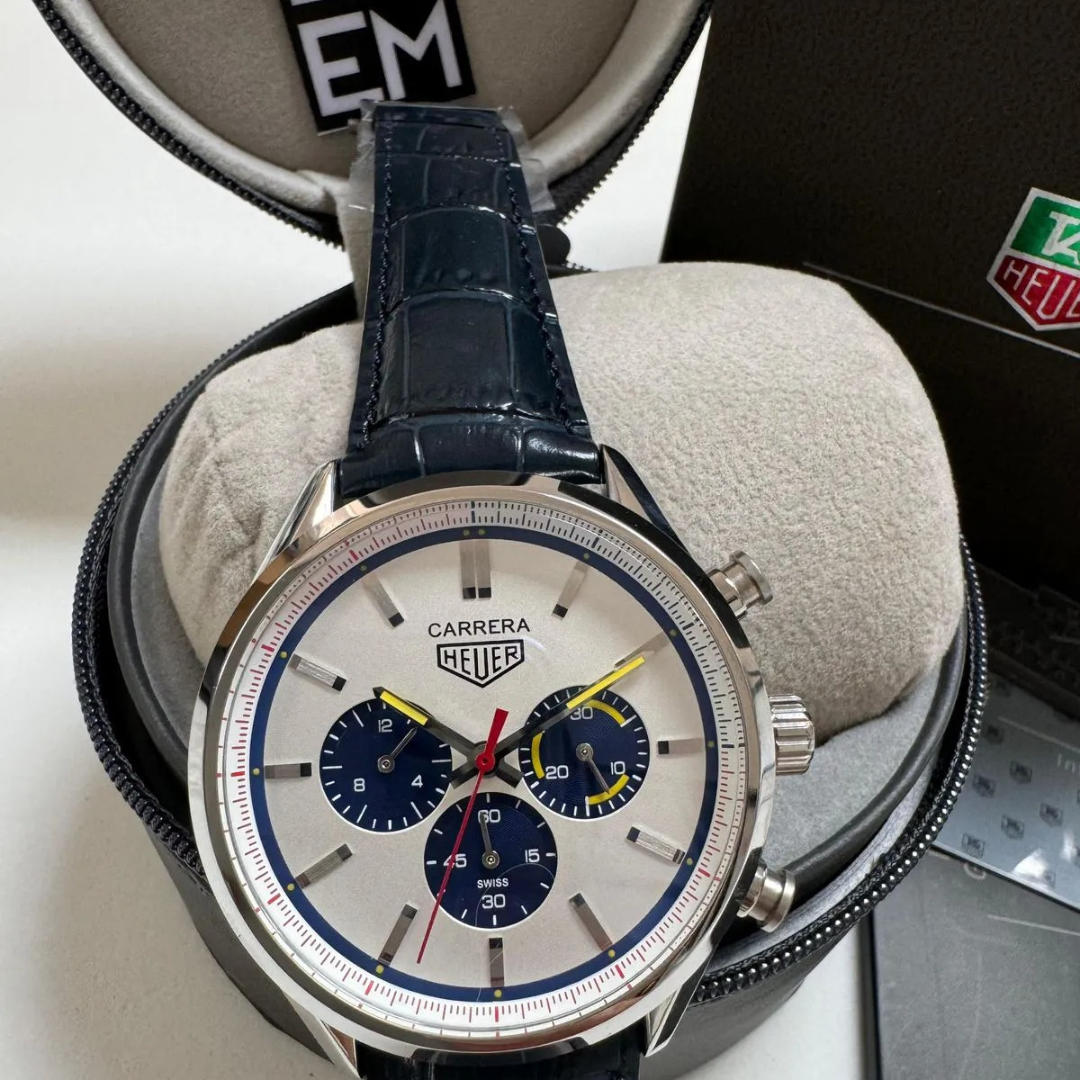 TH Carrera Chronograph – Silver & Blue | Leather Strap