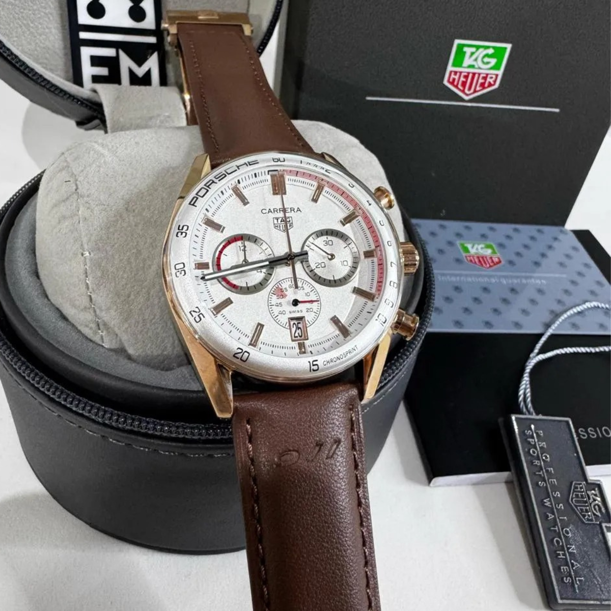 TH Carrera Chronosprint – Silver/Red – Brown Leather Strap
