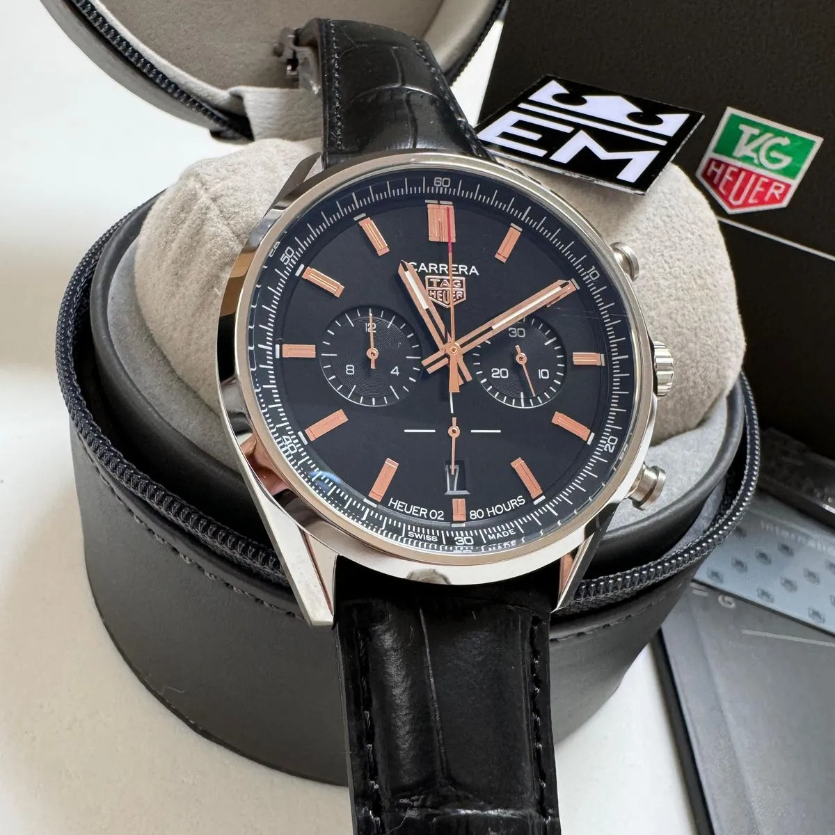 TH Carrera Chronograph – Black/Rose Gold Leather Strap