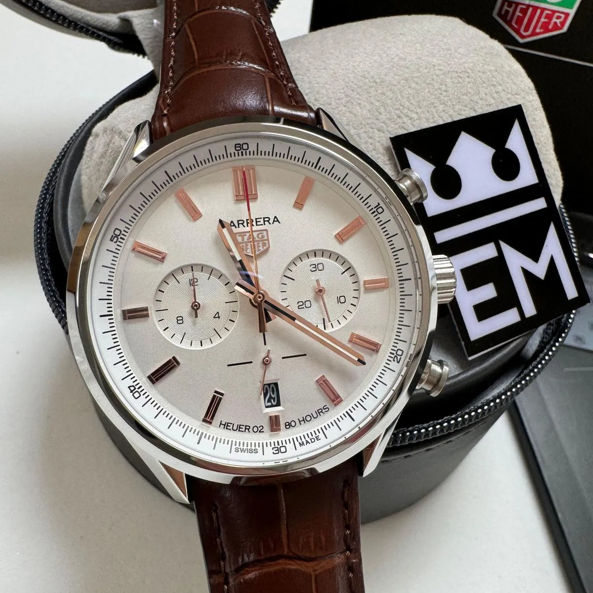 TH Carrera Chronograph – Silver/Rose Gold Brown Leather Strap