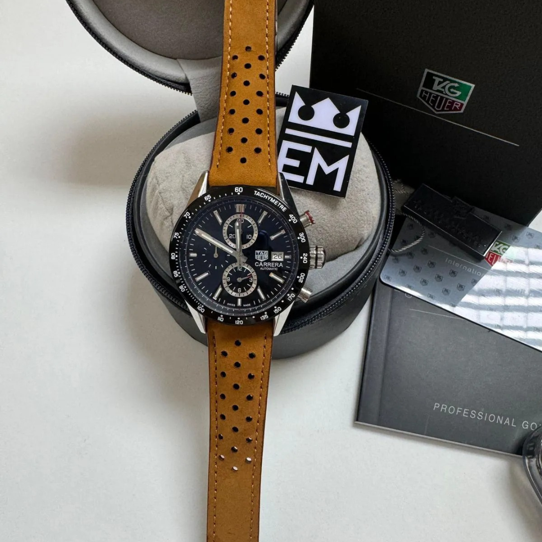 TH Carrera Chronograph Black – Automatic | Suede Leather Strap