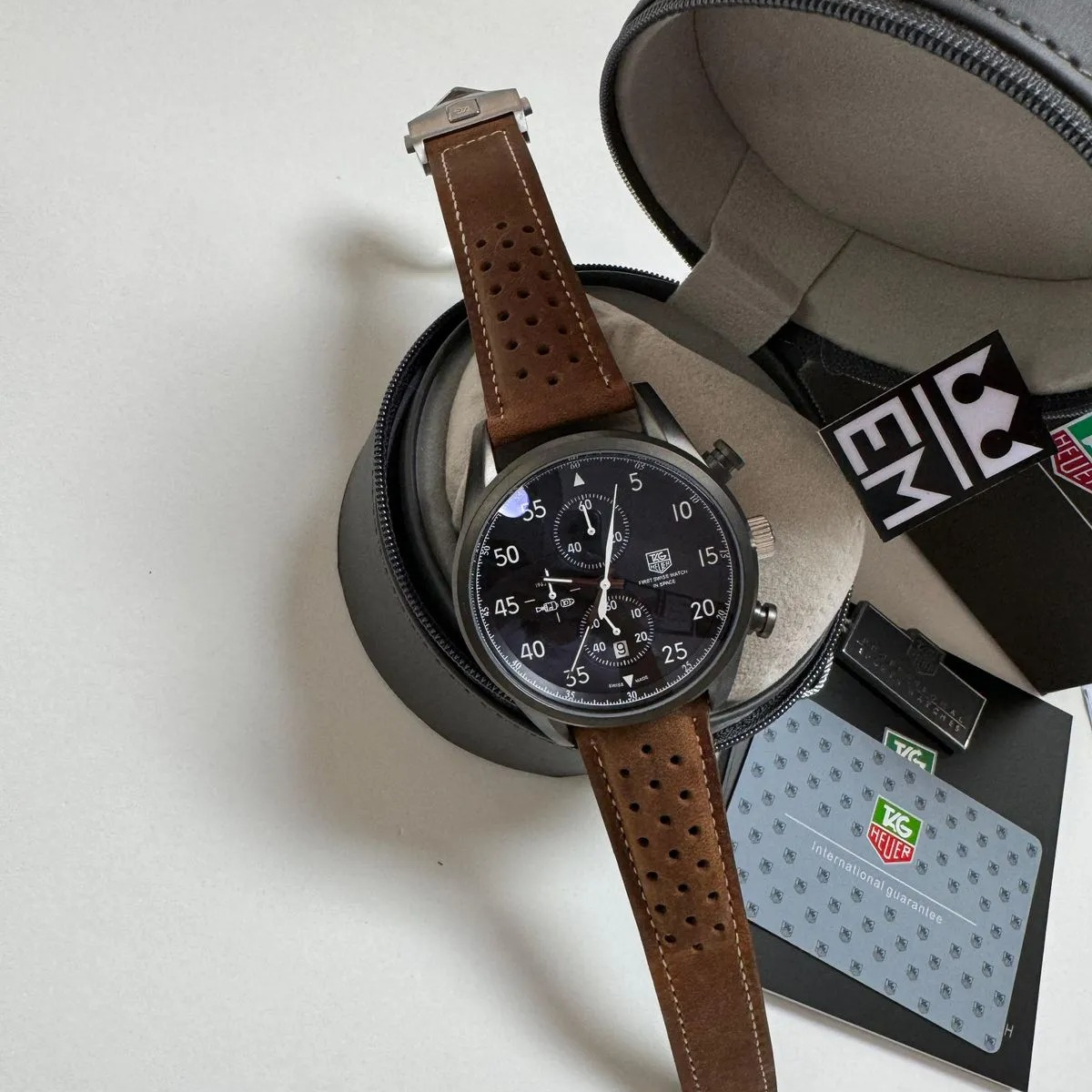 TH Carrera Chronograph Black Brown Leather Strap