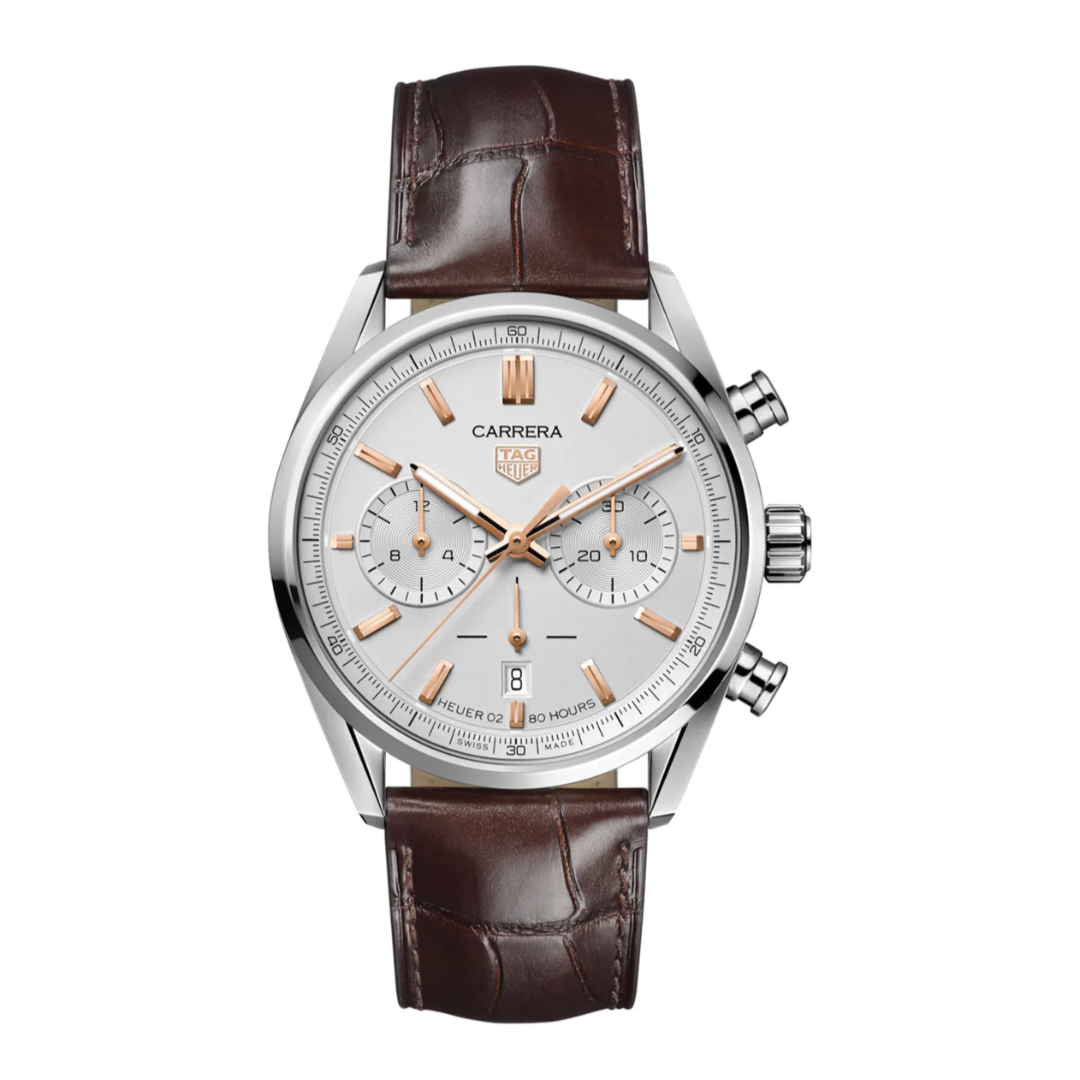 TH Carrera Chronograph – Silver/Rose Gold Brown Leather Strap